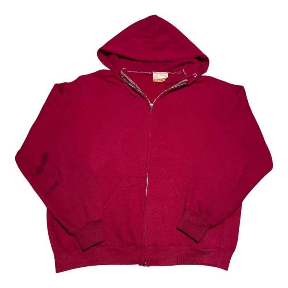 Vintage 70s Sears Activewear Red Stained Zip Hoodie Sweatshirt Adult XL (Boxy S)